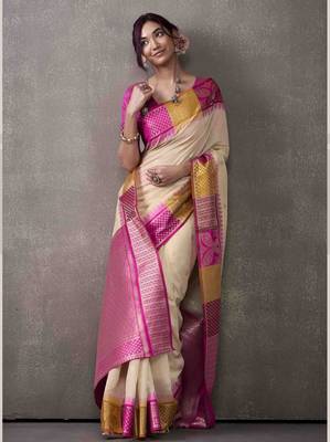 Women's cream modal cotton zari woven saree with unstitched silk blend blouse piece 2