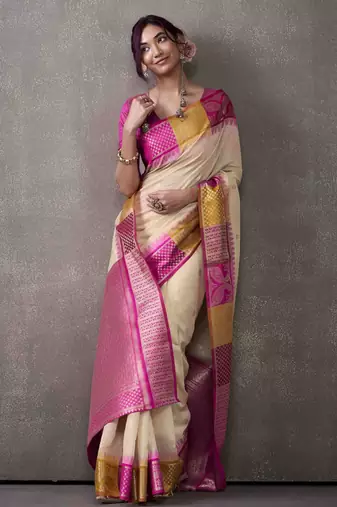 Women's cream modal cotton zari woven saree with unstitched silk blend blouse piece