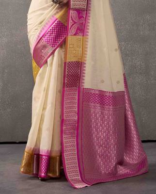 Women's cream modal cotton zari woven saree with unstitched silk blend blouse piece 3