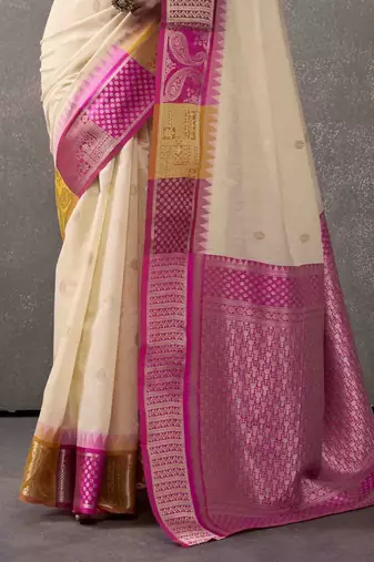 Women's cream modal cotton zari woven saree with unstitched silk blend blouse piece