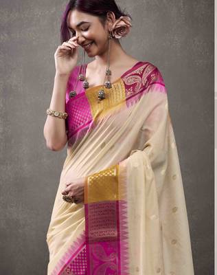 Women's cream modal cotton zari woven saree with unstitched silk blend blouse piece 4