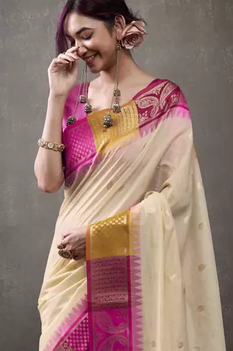 Women's cream modal cotton zari woven saree with unstitched silk blend blouse piece
