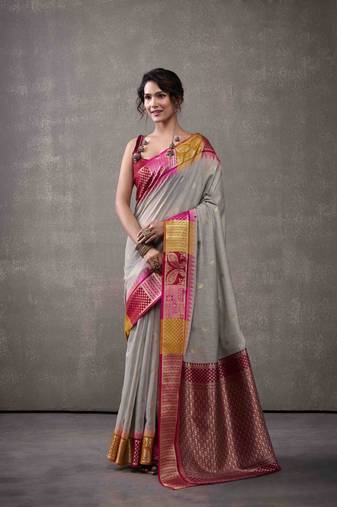 Women's grey modal cotton zari woven saree with unstitched silk Blend blouse piece