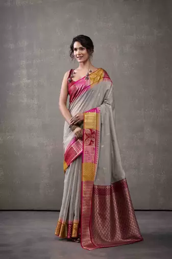 Women's grey modal cotton zari woven saree with unstitched silk Blend blouse piece