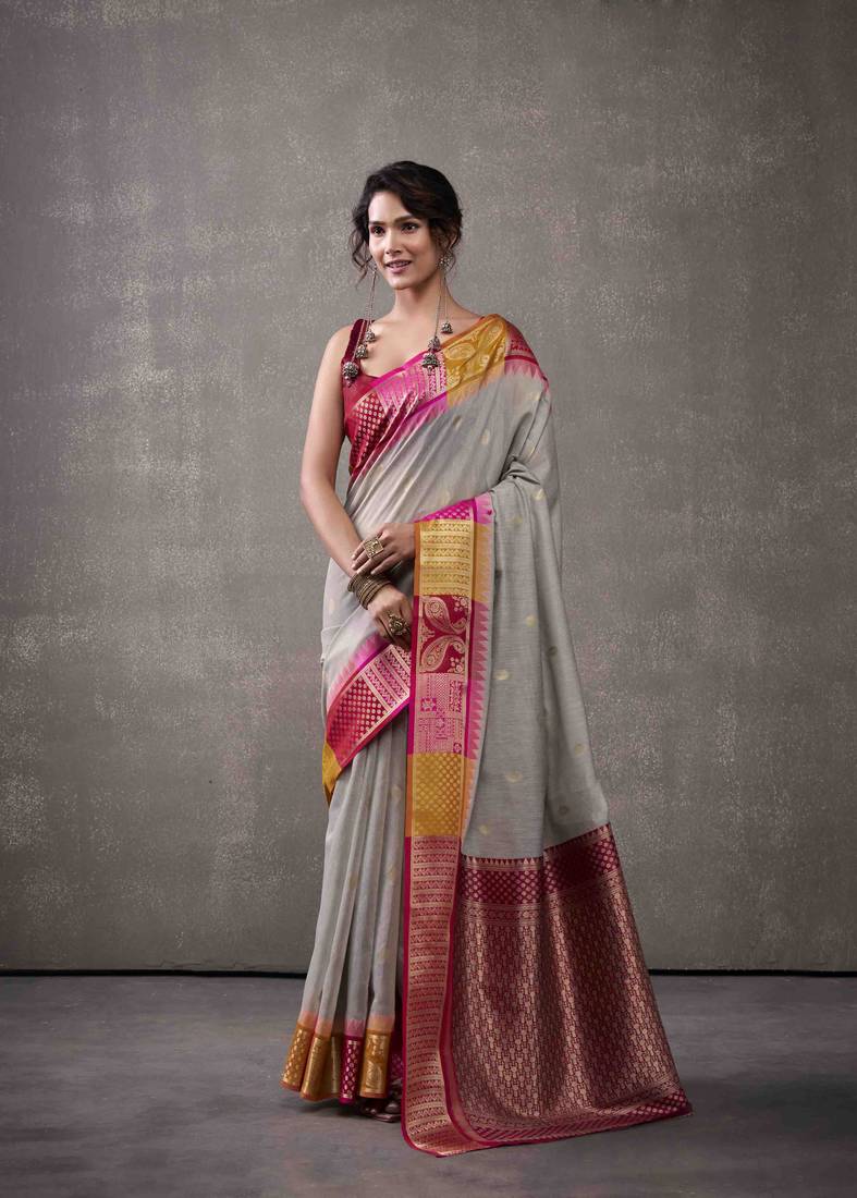 Women's grey modal cotton zari woven saree with unstitched silk Blend blouse piece