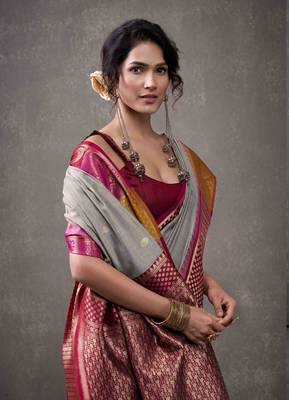 Women's grey modal cotton zari woven saree with unstitched silk blend blouse piece 2