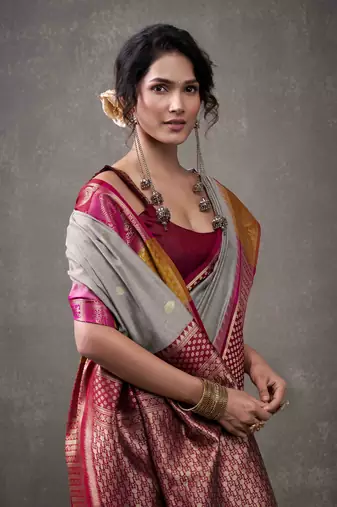 Women's grey modal cotton zari woven saree with unstitched silk blend blouse piece