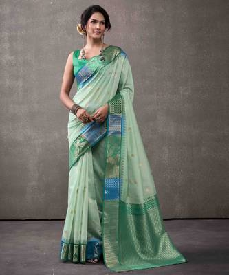 Women's sea green modal cotton zari woven saree with unstitched silk blend blouse piece 1