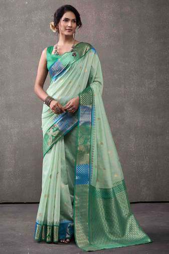 Women's sea green modal cotton zari woven saree with unstitched silk blouse piece