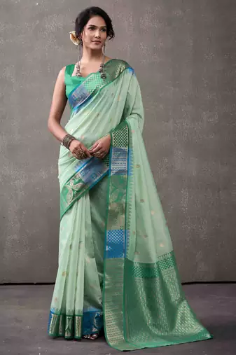 Women's sea green modal cotton zari woven saree with unstitched silk blouse piece