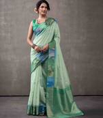 Women's sea green modal cotton zari woven saree with unstitched silk blouse piece