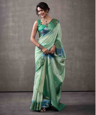 Women's sea green modal cotton zari woven saree with unstitched silk blend blouse piece 2