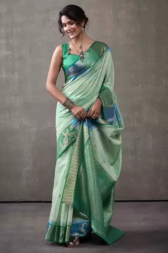 Women's sea green modal cotton zari woven saree with unstitched silk blend blouse piece