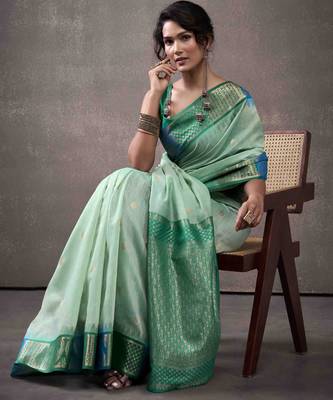 Women's sea green modal cotton zari woven saree with unstitched silk blend blouse piece 3
