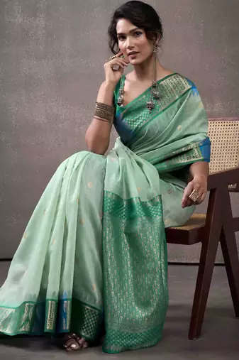 Women's sea green modal cotton zari woven saree with unstitched silk blend blouse piece