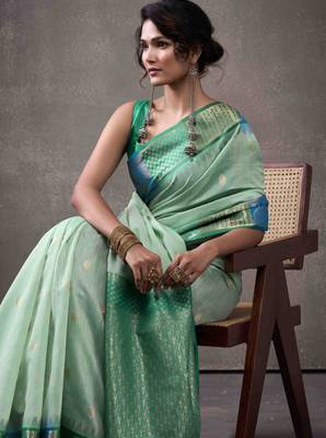 Women's sea green modal cotton zari woven saree with unstitched silk blend blouse piece 4
