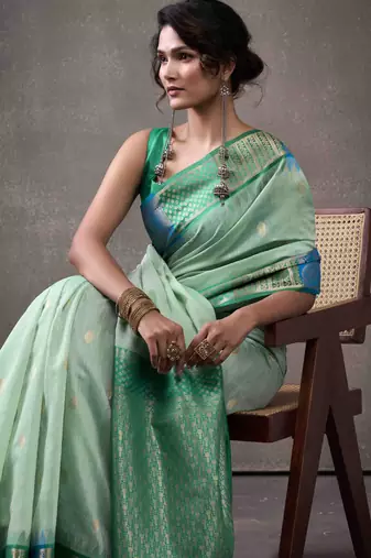 Women's sea green modal cotton zari woven saree with unstitched silk blend blouse piece