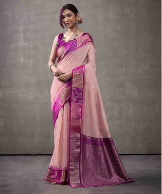Women's pink modal cotton zari woven saree with unstitched silk blend blouse piece 1