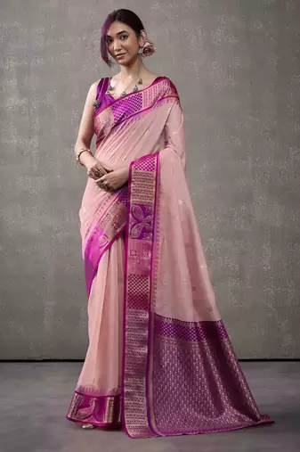 Women's pink modal cotton zari woven saree with unstitched silk blouse piece