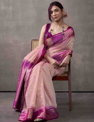 Women's pink modal cotton zari woven saree with unstitched silk blend blouse piece 2