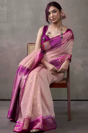 Women's pink modal cotton zari woven saree with unstitched silk blend blouse piece
