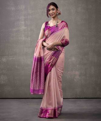 Women's pink modal cotton zari woven saree with unstitched silk blend blouse piece 3