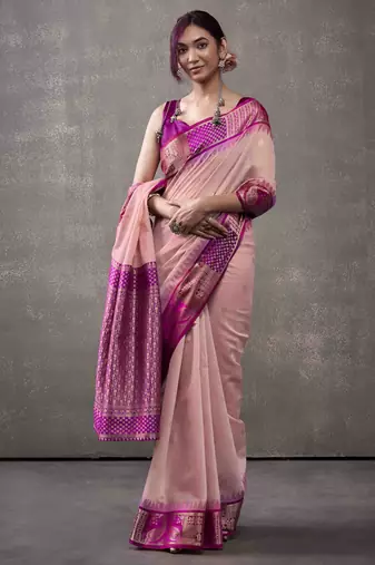 Women's pink modal cotton zari woven saree with unstitched silk blend blouse piece