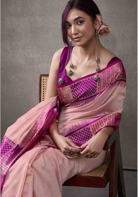 Women's pink modal cotton zari woven saree with unstitched silk blend blouse piece 4