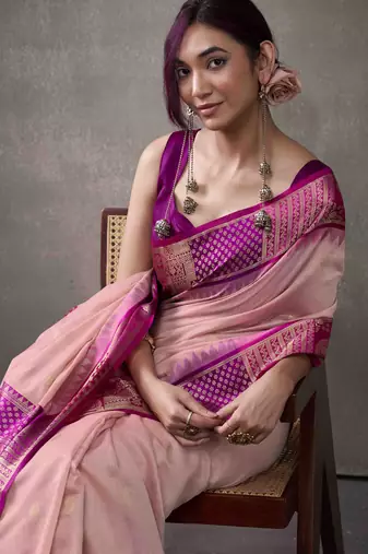 Women's pink modal cotton zari woven saree with unstitched silk blend blouse piece