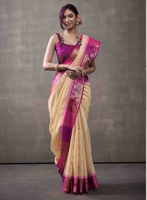 Women's beige modal cotton zari woven saree with unstitched silk blend blouse piece 2