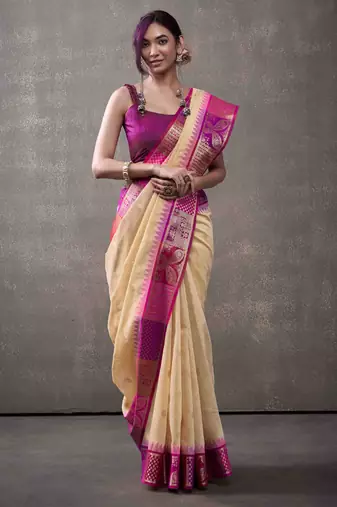 Women's beige modal cotton zari woven saree with unstitched silk blend blouse piece