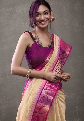 Women's beige modal cotton zari woven saree with unstitched silk blend blouse piece 3