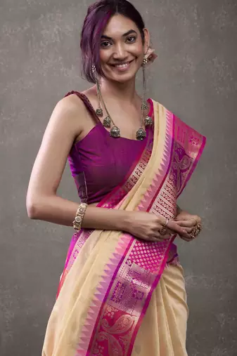 Women's beige modal cotton zari woven saree with unstitched silk blend blouse piece