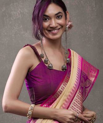 Women's beige modal cotton zari woven saree with unstitched silk blend blouse piece 4
