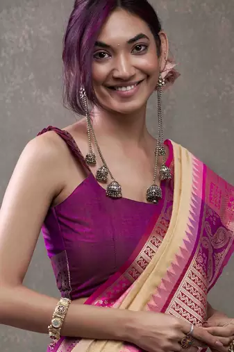 Women's beige modal cotton zari woven saree with unstitched silk blend blouse piece