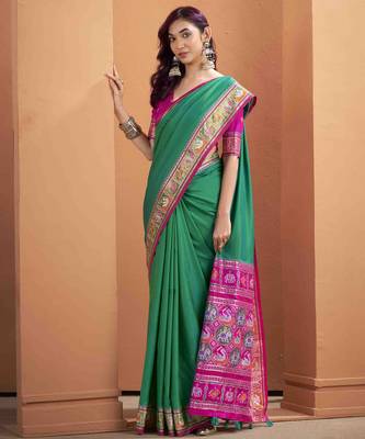 Women's dark green patola silk blend kalamkari saree with unstitched silk blend blouse piece 2