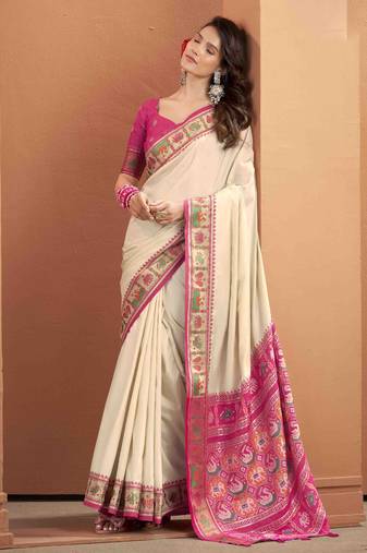Women's beige patola silk kalamkari saree with unstitched silk blouse piece