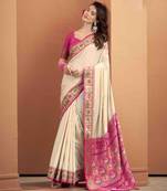 Women's beige patola silk kalamkari saree with unstitched silk blouse piece