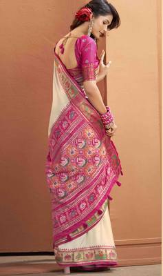 Women's beige patola silk blend kalamkari saree with unstitched silk blend blouse piece 2