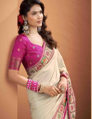 Women's beige patola silk blend kalamkari saree with unstitched silk blend blouse piece 4