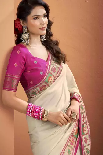 Women's beige patola silk blend kalamkari saree with unstitched silk blend blouse piece