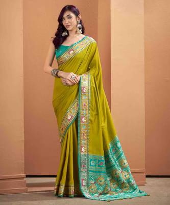Women's neon patola silk blend kalamkari saree with unstitched silk blend blouse piece 1