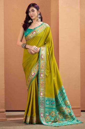 Women's neon patola silk kalamkari saree with unstitched silk blouse piece