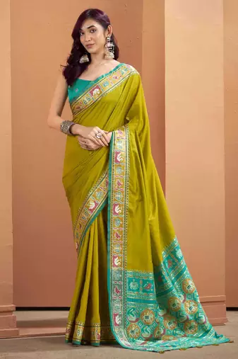 Women's neon patola silk kalamkari saree with unstitched silk blouse piece
