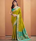 Women's neon patola silk kalamkari saree with unstitched silk blouse piece
