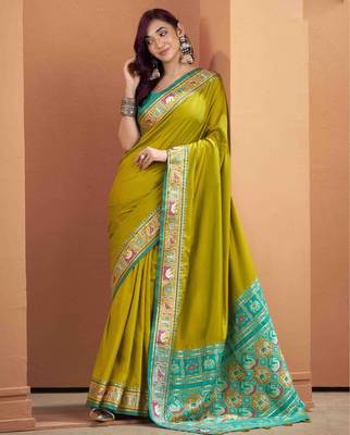 Women's neon patola silk blend kalamkari saree with unstitched silk blend blouse piece 2