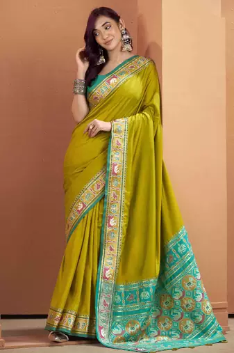 Women's neon patola silk blend kalamkari saree with unstitched silk blend blouse piece