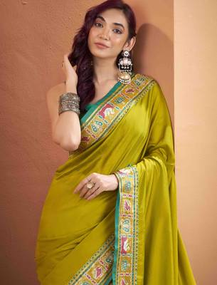 Women's neon patola silk blend kalamkari saree with unstitched silk blend blouse piece 3