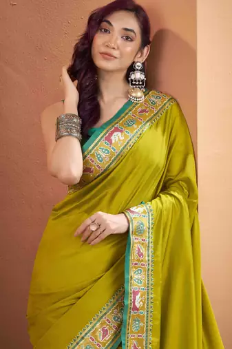 Women's neon patola silk blend kalamkari saree with unstitched silk blend blouse piece