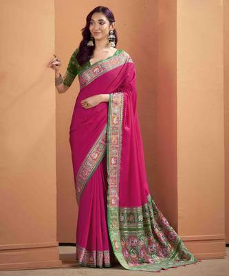 Women's magenta patola silk blend kalamkari saree with unstitched silk blend blouse piece 1